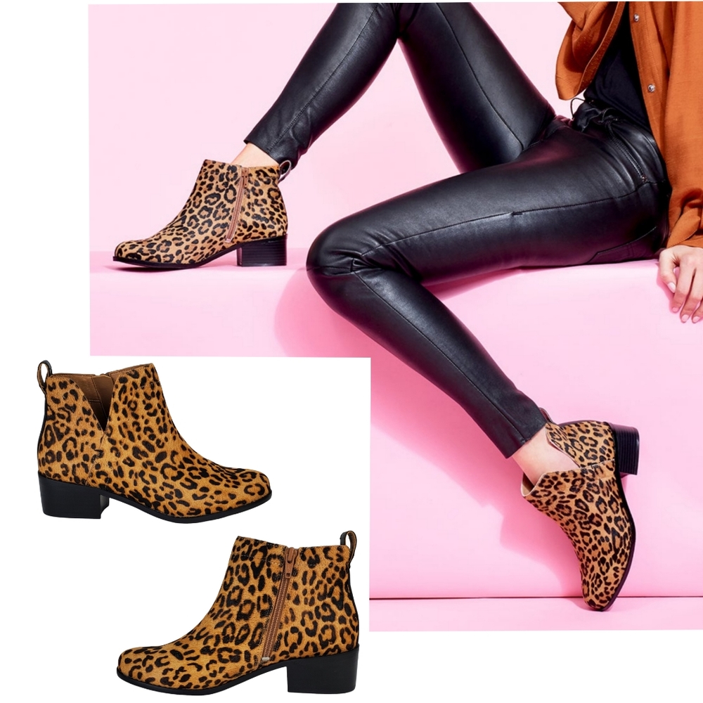 New Vionic clara leopard calf hair v cut out water resistant ankle boots tan